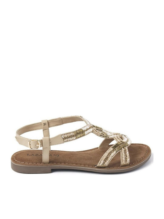 Leather Women's Flat Sandals in Beige Color
