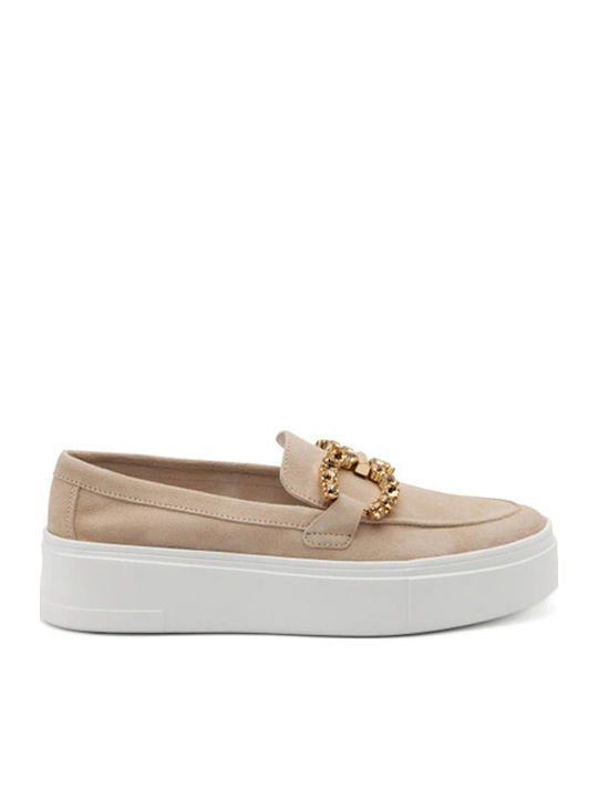Leather Women's Moccasins in Beige Color