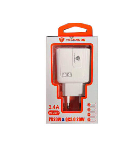 Technovo Handyladegerät Ohne Kabel mit USB-A Ausgangsanschluss und USB-C Ausgangsanschluss 20W Stromlieferung Schnellladetechnologie Weiß (TN-C017)