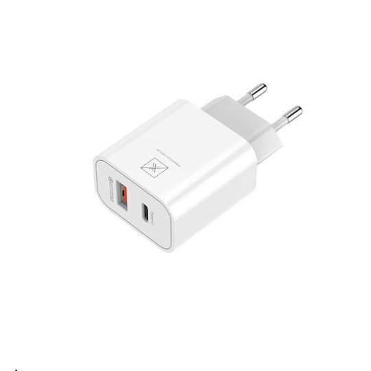 Maxximus Ladegerät ohne Kabel mit USB-A Anschluss und USB-C Anschluss 20W Stromlieferung Weißs