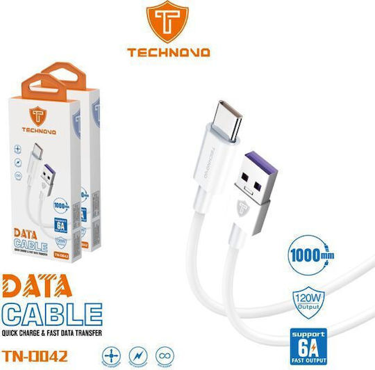 Technovo Cablu USB 2.0 Pentru Date Rapid USB-C Masculin - USB-A 120W PD Alb 1m TN-D042-1