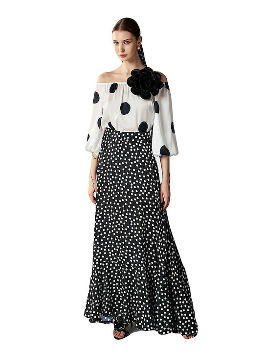 Dejavu Satin Maxi Skirt Polka Dot in Black color