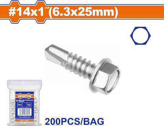 Wadfow Self-Piercing Sheet Metal Screw Hexagon Galvanized with Diameter M6.3 and Length 25mm 200pcs