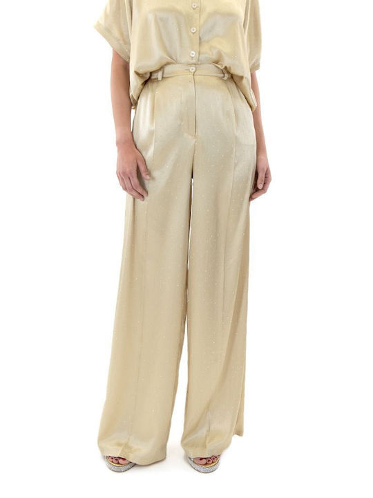 Dolce Domenica Women's Satin Trousers in Straight Line Gold