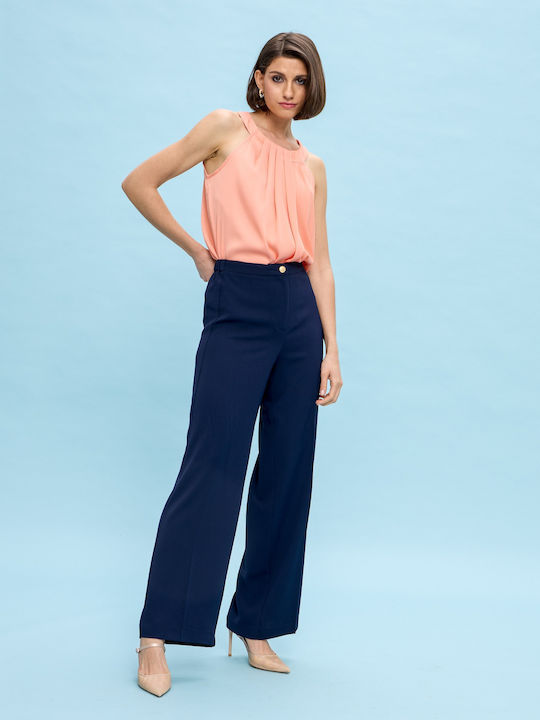 Passager Women's High-waisted Crepe Trousers with Elastic in Straight Line Blue