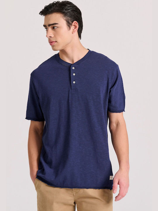 Funky Buddha Men's Short Sleeve T-shirt with Buttons Navy Blue