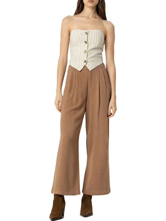 Tiffosi Women's High-waisted Linen Trousers with Elastic coffee