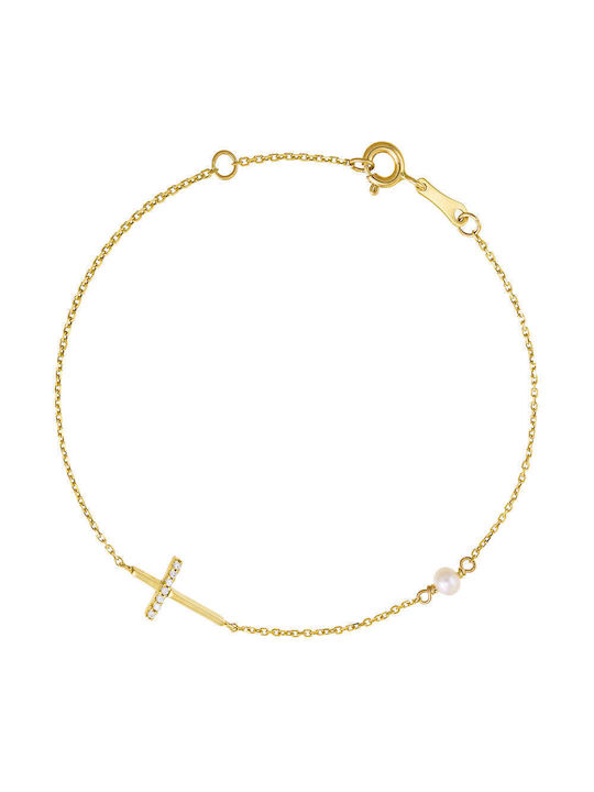 Bracelet with Cross design made of Gold 14K with Pearls