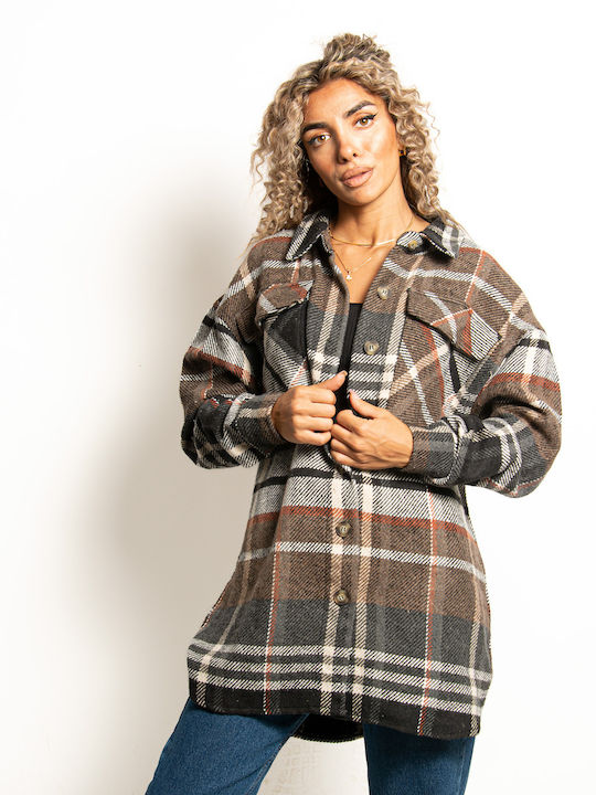 Oversized Cargo Plaid Brown Coat