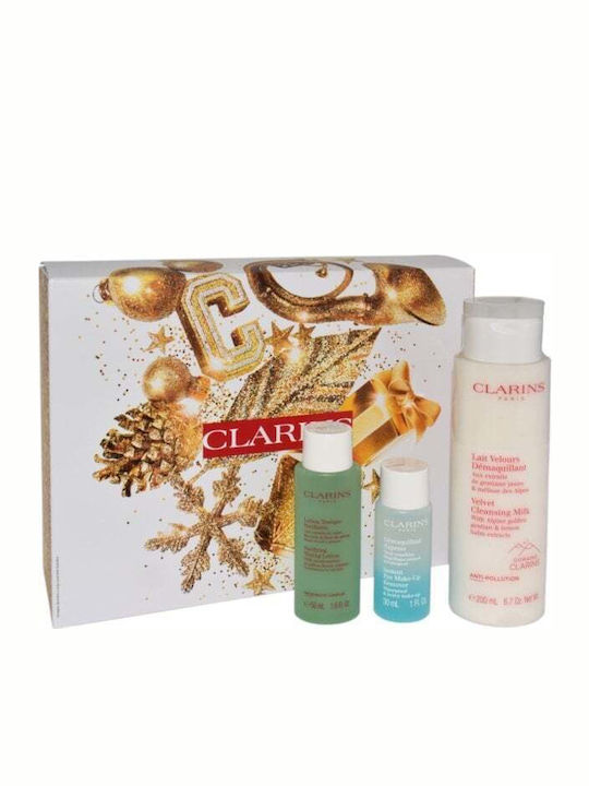 Clarins Комплект за грижа за кожата Велурно мляко за почистване 200 мл + Мигновено почистващо за очи 30 мл + Почистващ лосион 50 мл