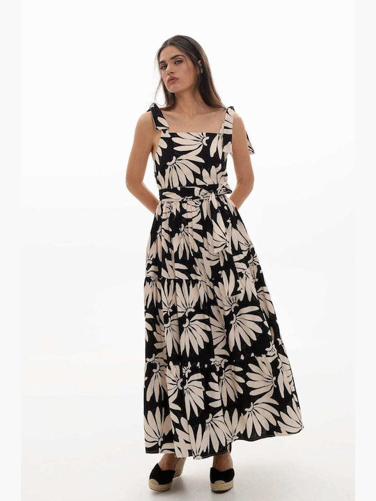 Mamoush Maxi Φόρεμα με Βολάν Μαύρο/άσπρο