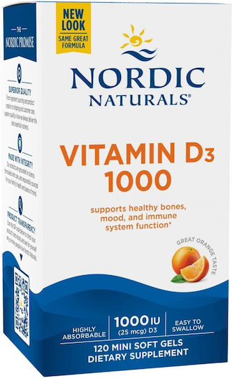 Nordic Naturals Vitamin D3 Витамин за Здравето на костите 1000иу Портокал 120 софтджел