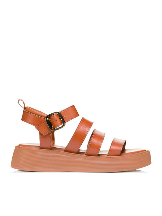 Leather Women's Flat Sandals with Strap in Brown Color
