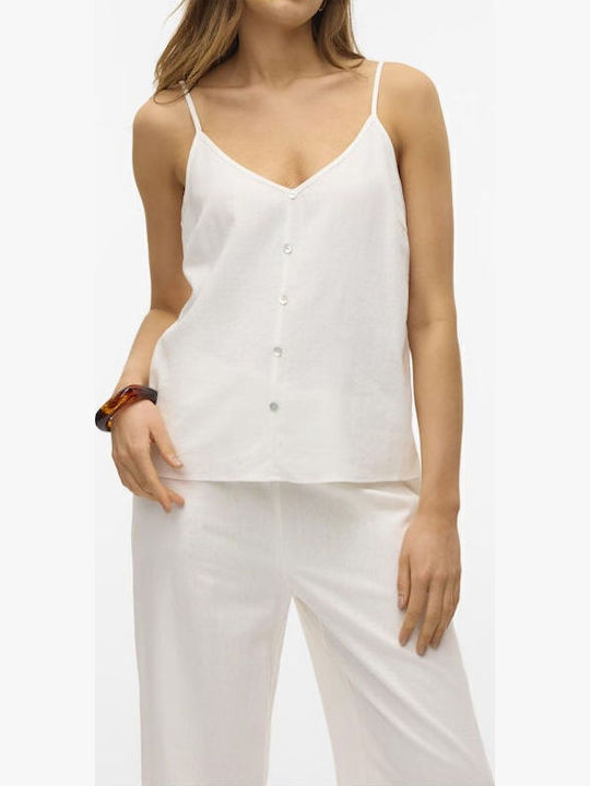Snow Women's Summer Blouse Linen with Straps & V Neckline White