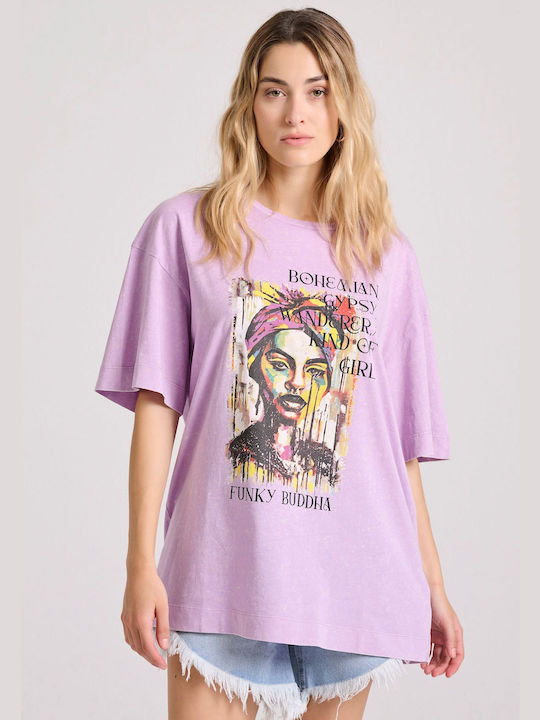 Funky Buddha Damen Sport T-Shirt Gestreift Flieder