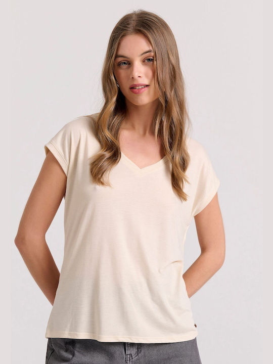 Funky Buddha Women's T-shirt with V Neck Beige