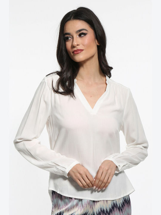 Only Life Women's Blouse Long Sleeve with V Neckline White