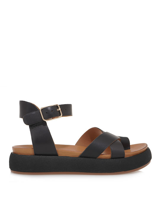 Tsakiris Mallas Leather Women's Flat Sandals in Black Color