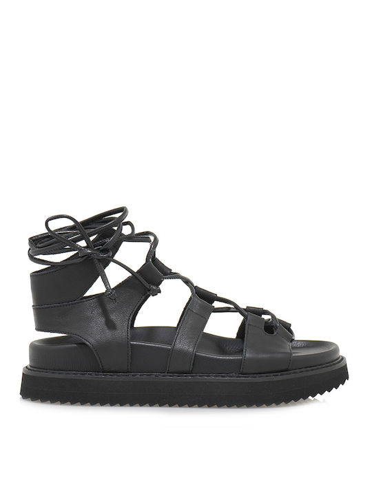 Tsakiris Mallas Leather Women's Flat Sandals in Black Color