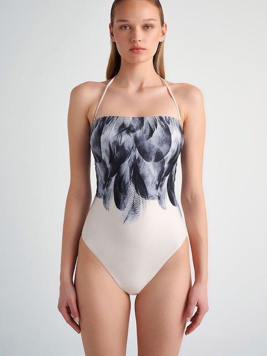 Strapless One-Piece Swimsuit White Print