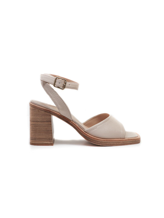 Zinda Platform Leather Women's Sandals with Ankle Strap Beige with High Heel