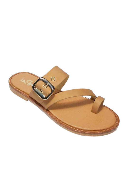 Leather Women's Flat Sandals in Beige Color