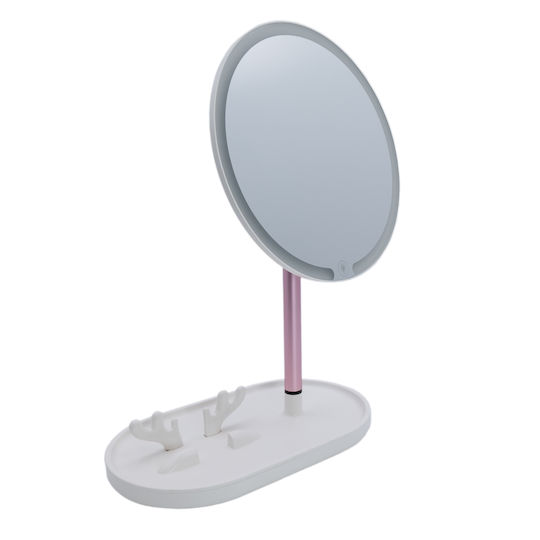 Tabletop LED Lighted Makeup Mirror Round with Phone Holder, Adjustable Mirror and Lighting Angle, USB Cable Connection 24x14x35cm