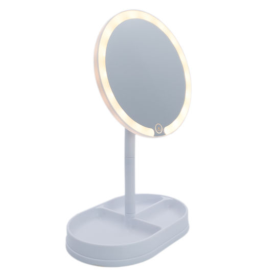 Tabletop Round LED Lighted Makeup Mirror with Jewelry Base, Skincare Products, Accessories, Adjustable Mirror and Lighting Angle, USB Cable, 21x14x32cm, White