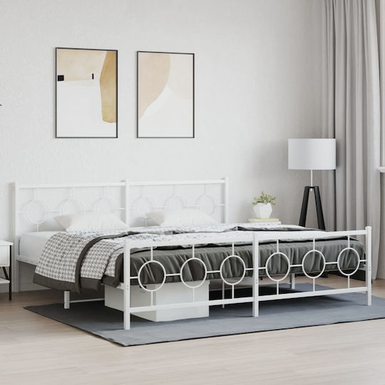 King Size Metal Bed White with Slats for Mattress 193x203cm