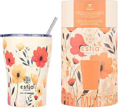 Estia Coffee Mug Save The Aegean Recycelbar Glas Thermosflasche Rostfreier Stahl BPA-frei SUMMER REVERIE 350ml mit Stroh
