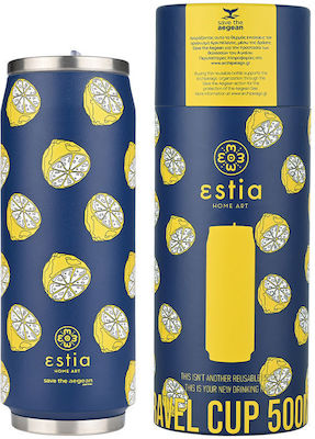 Estia Travel Cup Save the Aegean Recyclable Glass Thermos Stainless Steel BPA Free CITRUS INFUSION 500ml with Straw