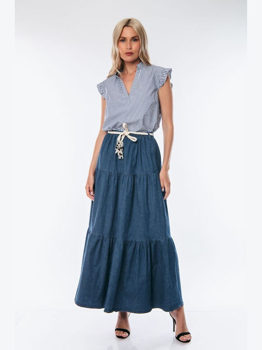 Long Denim Skirt with Belt, Blue