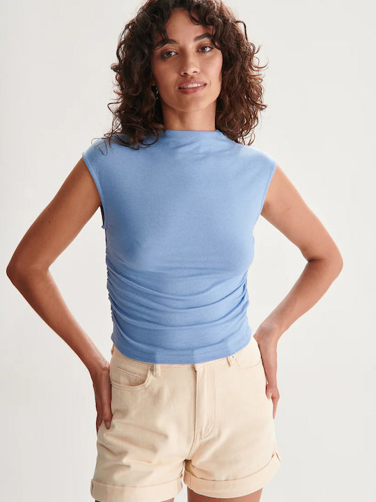 24 Colours pentru Femei Bluză din Bumbac Fără mâneci Drapaj Blue