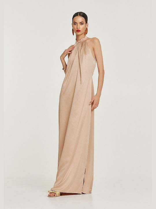 Lynne Maxi Φόρεμα Σατέν με Σκίσιμο Χρυσό