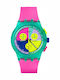 Swatch Neon Flash Arrow Herrenuhr 42mm Chronograph Batterie mit Rosa Kautschukarmband