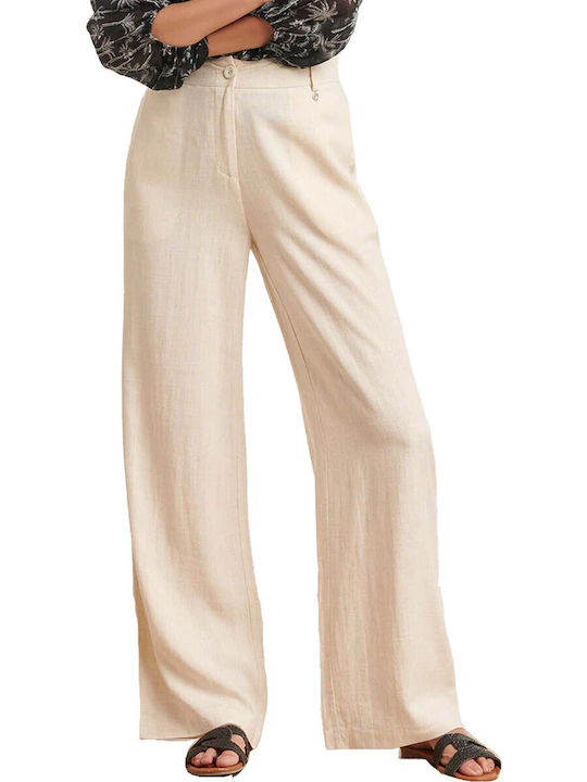 Smashed Lemon Women's High Waist Linen Trousers with Elastic Ecru