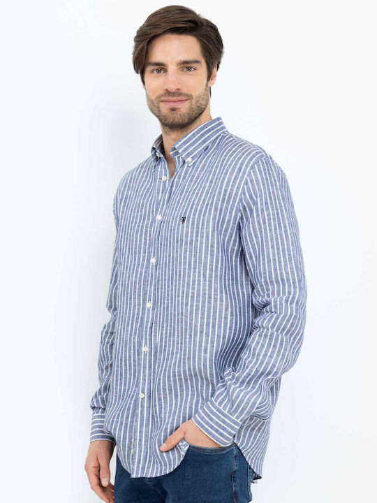 The Bostonians Men's Shirt Long Sleeve Linen Striped Blue