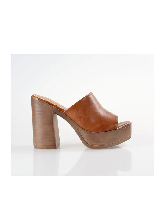 Seven Heel Leather Mules Brown