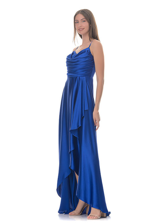 Farmaki Maxi Φόρεμα Σατέν με Βολάν Μπλε