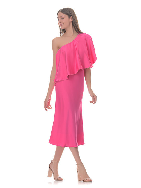 Farmaki Midi Φόρεμα Σατέν με Βολάν Φούξια