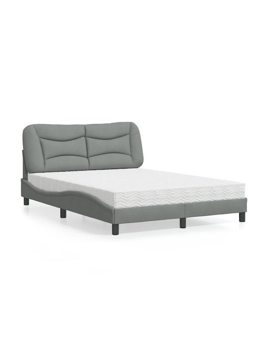 Κρεβάτι Διπλό Επενδυμένο με Ύφασμα Ανοιχτό Γκρι με Τάβλες & Στρώμα 140x200cm