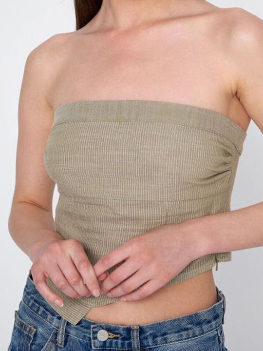 Ale - The Non Usual Casual Damen Crop Top Baumwolle mit Trägern & Reißverschluss Beige