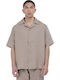 Short-sleeved Linen Shirt in Wide Line Brown