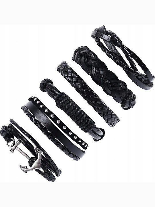 Men's Bracelet Set with Anchor Design Made of Leather 21cm