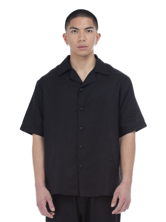 Ne En Aout Men's Shirt Short Sleeve Linen Black