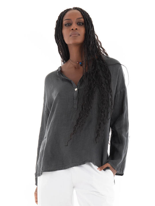 Black & Black Women's Summer Blouse Linen Gray