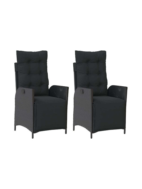 Καρέκλα Εξωτερικού Χώρου Rattan με Μαξιλάρι Μαύρο 2τμχ 57x61x93εκ.