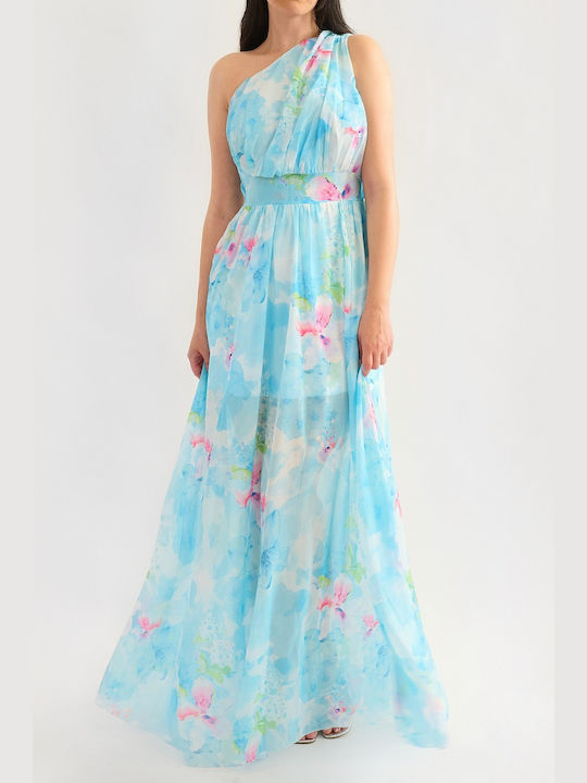 Carmen Sky Blue Maxi Floral Dress One Shoulder