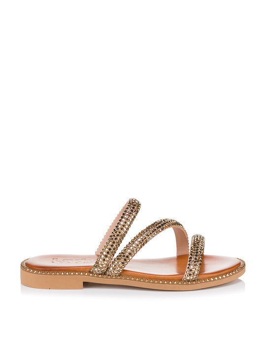 Lady Shoes Leather Women's Sandals with Ankle Strap with Strass Gold