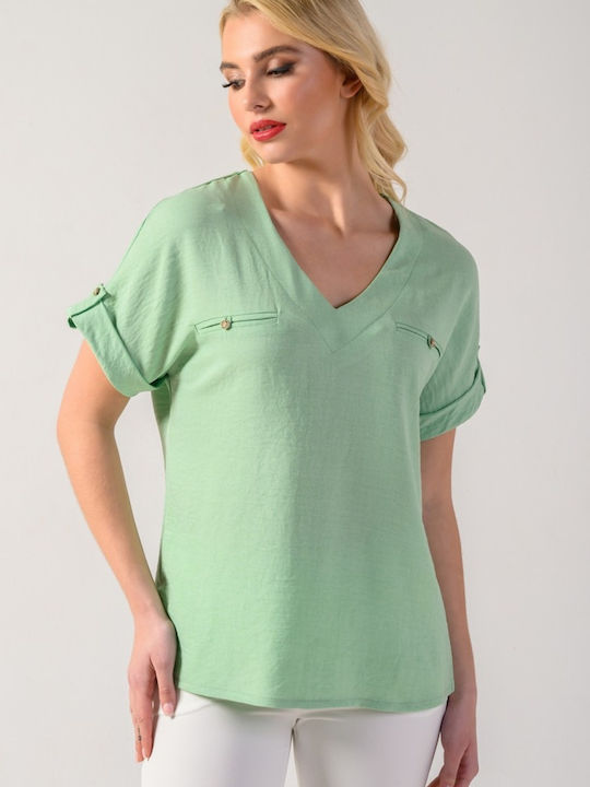 Derpouli Women's Blouse Short Sleeve with V Neckline Green